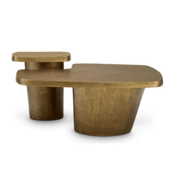 Coffee table set by Eichholtz in metal with a textured matte brass or bronze tone finish featuring an asymmetrical stepped…