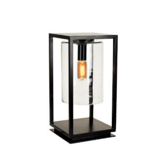 Royal Botania rb dome gate lamp, matte black metal frame, clear glass cylinder, Edison bulb, geometric minimalist design.
