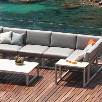 Elegant Royal Botania Ninix lounge side table with light gray coated aluminum and matching ceramic surface