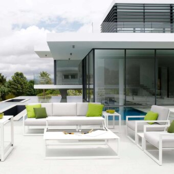Exceptional Royal Botania Ninix lounge sofa with stainless steel frame, light gray Batyline cushions and bright green accents