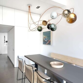 Captivating Bocci 28 Copper suspension lamp built with a dynamic orbital framework in natural copper and glass shades
