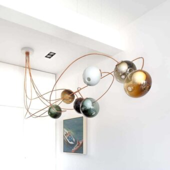 Superior Bocci 28 Copper suspension lamp crafted in natural copper with clear glass exterior spheres and satin finish