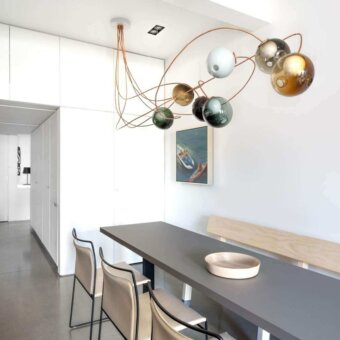 Captivating Bocci 28 Copper suspension lamp built with a dynamic orbital framework in natural copper and glass shades
