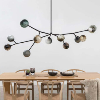 Distinguished Bocci 28 Armature ceiling lamp crafted with blown glass and soft-touch matt black steel framework in muted gray, beige, and greenish tones