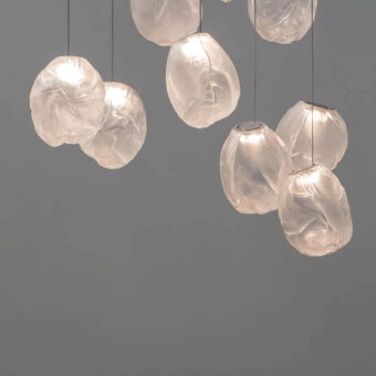 Exclusive Bocci 73V suspension lamp with translucent fabric-like shades crafted from blown glass and a brushed nickel canopy