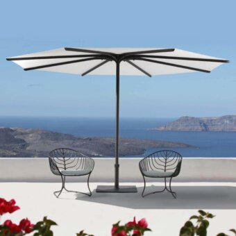 Superior Royal Botania Bloom umbrella with a wide white textile canopy and matte stainless steel pole