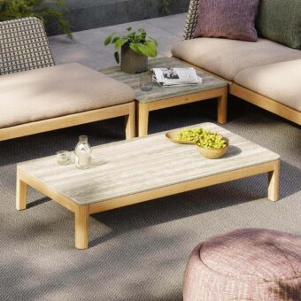 Exceptional Royal Botania Calypso lounge coffee table crafted in light-toned teak wood with a stone-like marbled tabletop