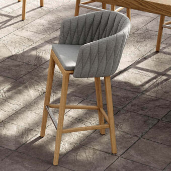 Superior Royal Botania Calypso stool with quilted gray textile and satin finish teak base crafted with stainless steel