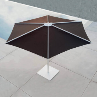 Exceptional Royal Botania Oazz umbrella with coated aluminum frame, dark brown fabric canopy and lighter brown trim