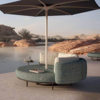 Exceptional Royal Botania Organix lounge lounger with dark metal base and muted teal woven cushions offers a contemporary design
