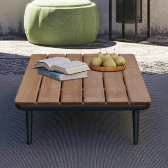 Distinguished Royal Botania Styletto lounge coffee table with sustainable teak wood and dark finished metal base