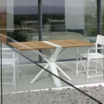 Exclusive Royal Botania Traverse folding table with rectangular teak wood tabletop and white coated aluminum base