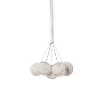 Bocci 118 suspension lamp, glass shades, white and gray mottled texture, clustered arrangement, brushed metal rods, circular canopy.