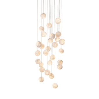 Exceptional Bocci 118 Random Suspension Lamp with translucent glass pendants and satin-finish metal wires in a pale amber glow