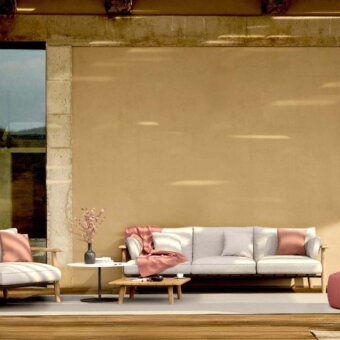 Superior Royal Botania Mambo lounge chair with steel and teak wood frame, white textile upholstery, plus muted pink cushion