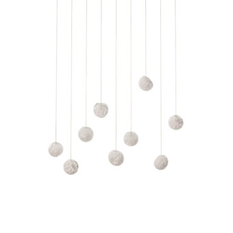 Distinguished Bocci 118 Linear Suspension Lamp with nine hand-blown glass pendants and matte textured form in pale off-white tone