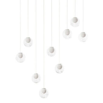Exceptional Bocci 28 Linear suspension lamp crafted in clear glass with milk white interior lamp holder cavities and delicate cords