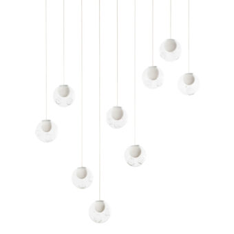 Exceptional Bocci 28 Linear suspension lamp crafted in clear glass with milk white interior lamp holder cavities and delicate cords
