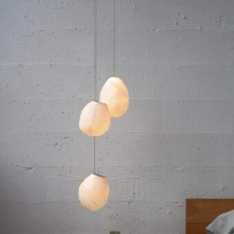 Elegant Bocci 73V suspension lamp with organically shaped diffusers and milky white glass crafted with a braided metal coaxial cable
