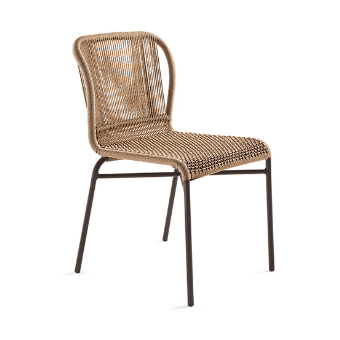 Dining chair with woven light brown rope seat and back, dark brown metal legs, curved high backrest, studio shot.