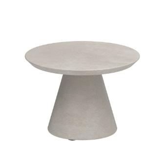 Round side table, light gray concrete, conical base; minimalist design, textured top, studio product shot, monochromatic palette.