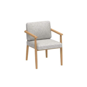 Sophisticated Royal Botania Mambo armchair in light gray textile with a light-toned wooden frame and integrated armrests