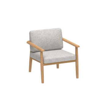 Elegant Royal Botania Mambo lounge chair with light gray textile cushions and a light-toned wood frame exhibiting a smooth matte finish