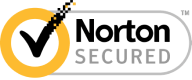 Norton Secured badge with yellow circular border, white oval, black checkmark, lock icon, and "SECURED" text on white background.