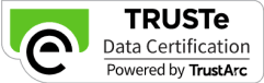 TRUSTe Data Certification badge with green rounded square, black spiral, and white background displaying TrustArc powered text.
