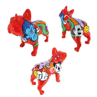 Ceramic French bulldog sculptures, multicolored patchwork design, glossy finish, unique facial expressions, white background, art object.