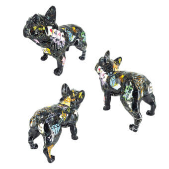 French bulldog sculptures, black resin, graffiti design with pink, yellow, blue, and white abstract patterns and diamond details.