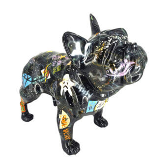 Exclusive Juliarte French Bulldog sculpture crafted in stone powder and fiberglass with vibrant pop art-inspired graphics