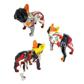 Ceramic French bulldog sculptures by Juliarte in cubist style, featuring orange, white, black, and red glossy finishes and dynamic poses.