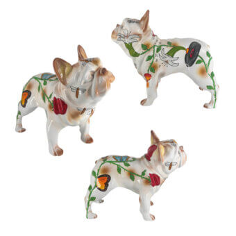 Ceramic French bulldog sculptures with rose finish, hand-painted vines, red roses, and varied floral detailing on cream bases.