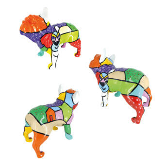 French bulldog sculptures by Juliarte, pop-art style, colorful geometric design, seated pose, glossy finish, white background.