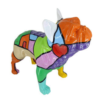 Superior Juliarte French Bulldog sculpture crafted from stone powder and fiberglass with a glossy, colorful patchwork design