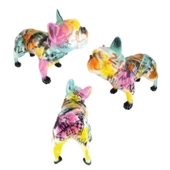 Resin bulldog sculptures, graffiti style, Le Mans racing theme; yellow, pink, black color scheme with checkered flag details and text.