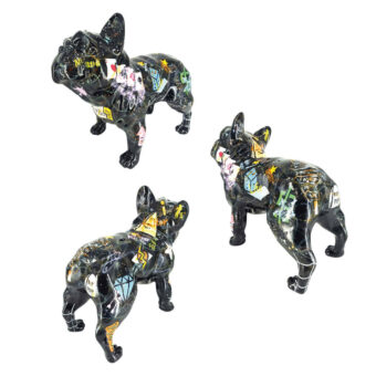 French bulldog sculptures, black resin, graffiti design with pink, yellow, blue, and white abstract patterns and diamond details.