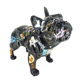Exclusive Juliarte French Bulldog sculpture crafted in stone powder and fiberglass with vibrant pop art-inspired graphics