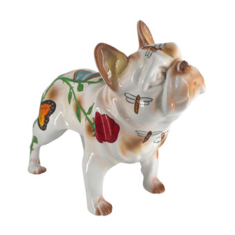 Luxury Juliarte French Bulldog sculpture hand-painted with floral motifs in stone powder and fiberglass, a limited-edition piece