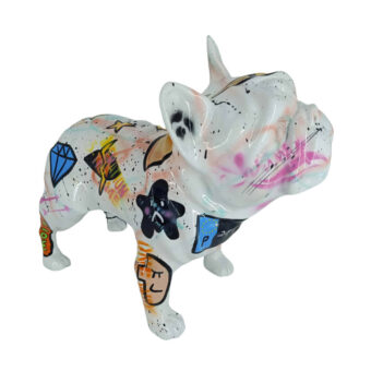 Exclusive Juliarte French Bulldog sculpture crafted from stone powder and fiber glass with glossy white and vibrant graffiti embellishments