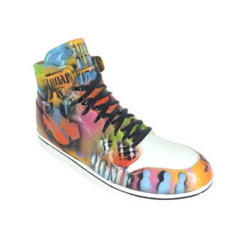 Exclusive Juliarte Life Graffiti sculpture crafted in stone powder and fiberglass with a textured matte finish and vibrant graffiti design