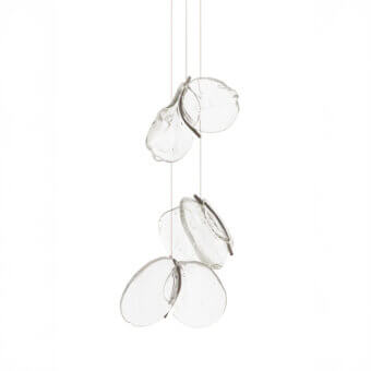 Bocci 141 suspension lamps, clear glass, fractured spherical forms hang from thin wires against a white backdrop.