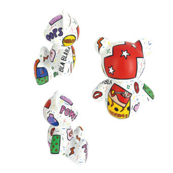 Juliarte teddy sculptures, white pat pop finish, gray, red, pink & white, graphic details, dynamic poses, studio lighting.