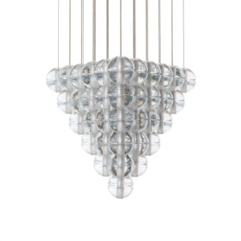 Elegant Bocci 14 Geometric suspension lamp with numerous clear glass elements and light-colored metal rods offering subtle silver-grey reflections