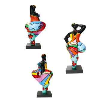 Juliarte sculptures, ceramic and resin, depict dancing female figures with raised arms; two are multi-colored, one is black, each with a red flower.