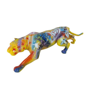 Panther sculpture, resin, graffiti style; yellow head, orange legs, with blue, red, black & white abstract collage details on a gray surface.