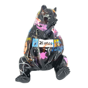 Black bear sculpture with glossy graffiti design, featuring pink, yellow, orange, purple, and white star patterns, Juliarte style.