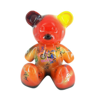Exclusive Juliarte Teddy sculpture crafted in stone powder and fiberglass with vibrant red and orange graffiti markings
