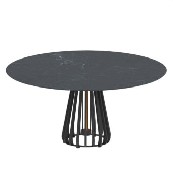 Distinguished Royal Botania Furniz table with a dark, stone-like tabletop and polished cage-like base crafted for outdoor settings